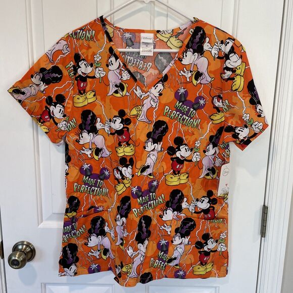 Disney Mickey Mouse Orange Halloween Scrub Top Medium  Minnie Front Pockets NWT - Picture 1 of 7